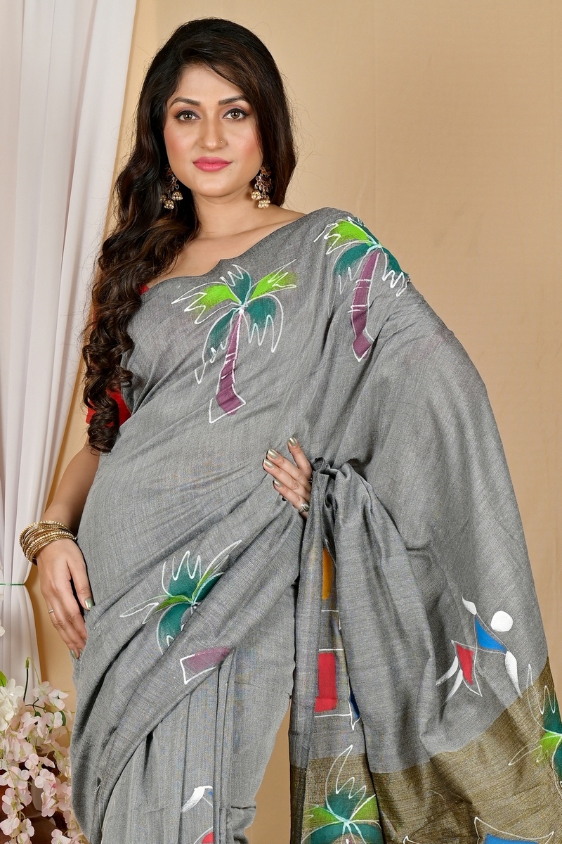 Grey Pure Cotton Keshaka Hand Painted Saree (1982)
