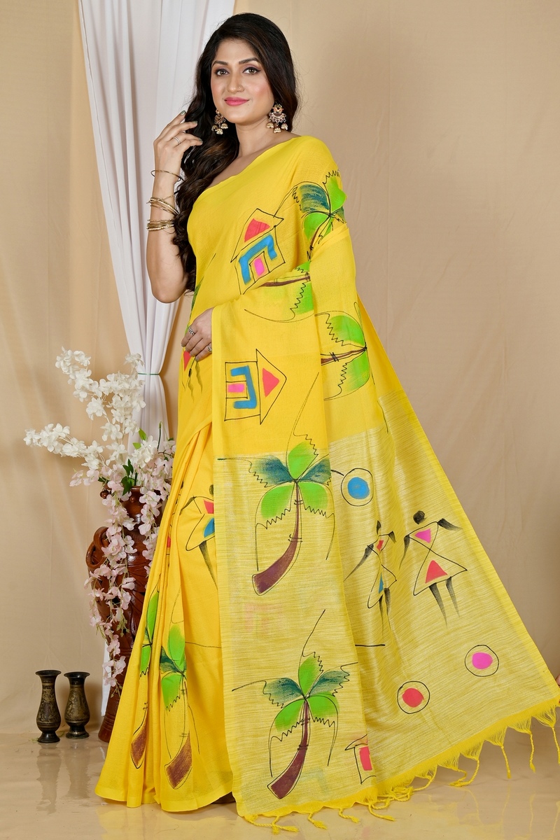 Yellow Pure Cotton Keshaka Hand Painted Saree (1983)