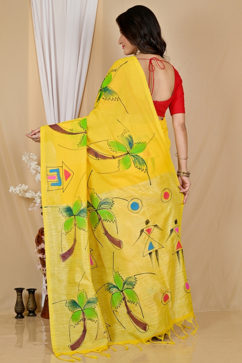 Yellow Pure Cotton Keshaka Hand Painted Saree (1983)