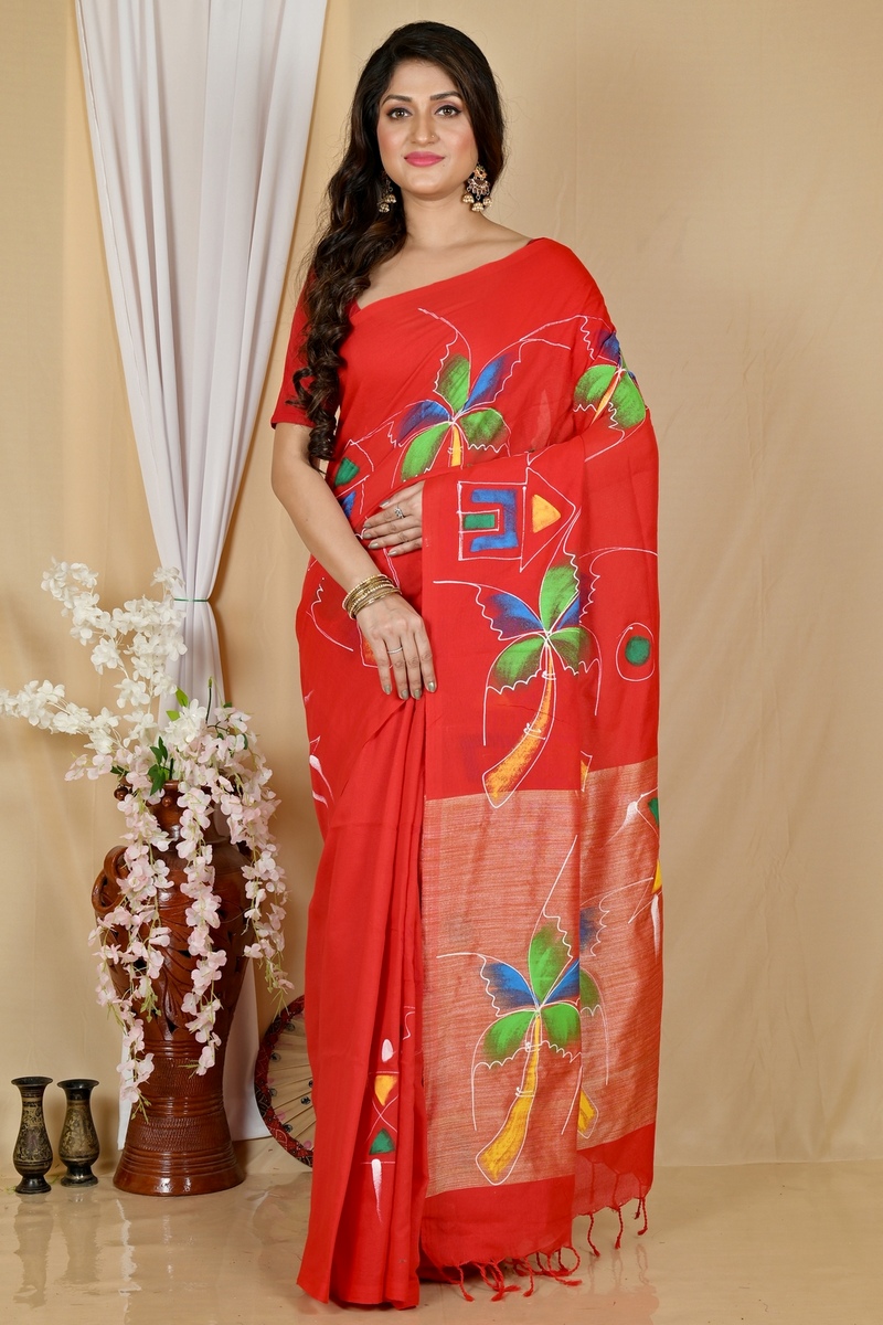 Red Pure Cotton Keshaka Hand Painted Saree (1984)