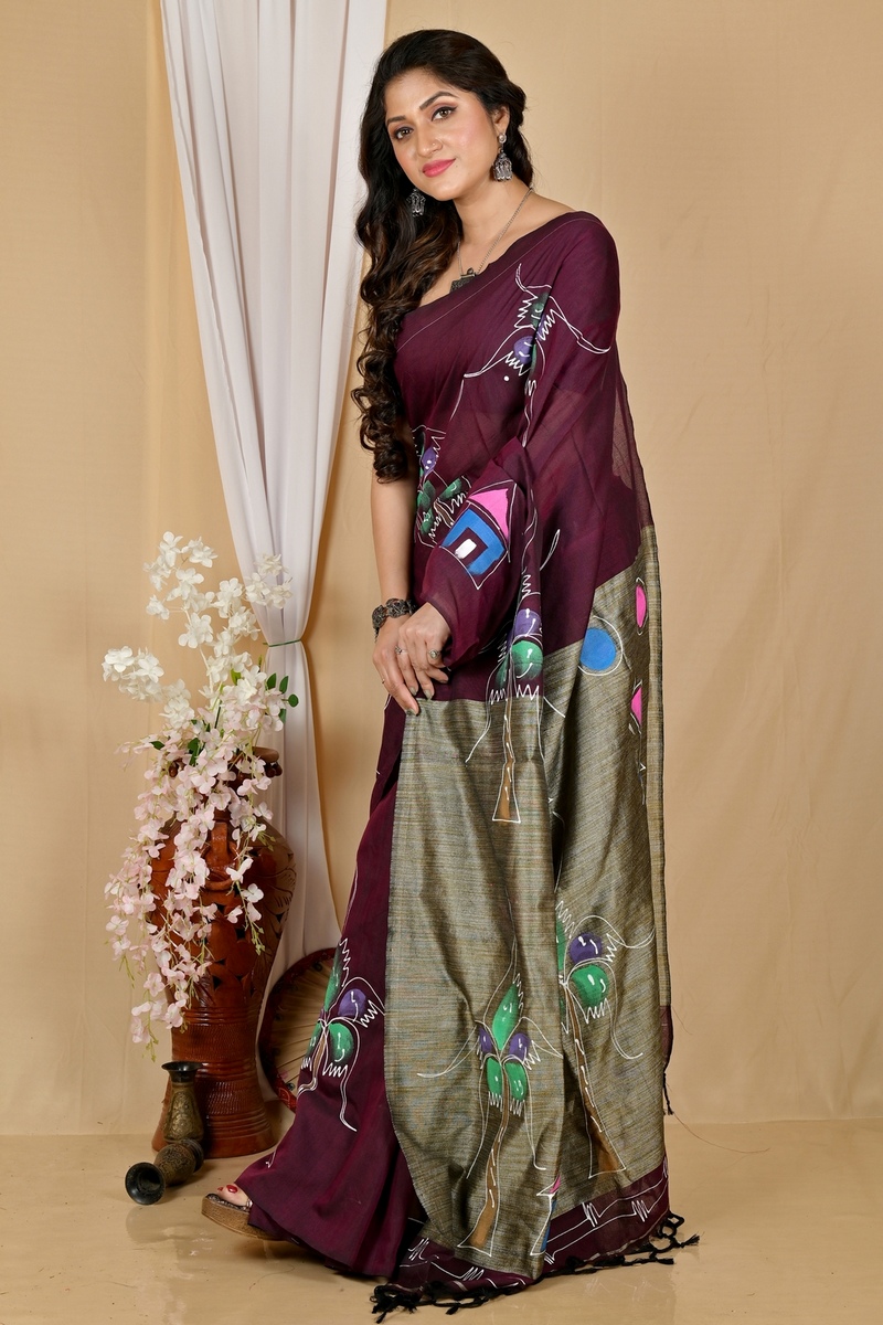 Drak Brown Pure Cotton Keshaka Hand Painted Saree (1986)