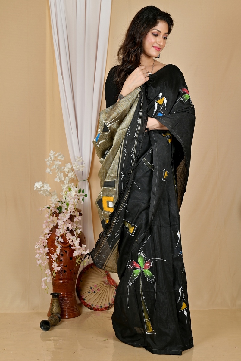 Black Pure Cotton Keshaka Hand Painted Saree (1987)