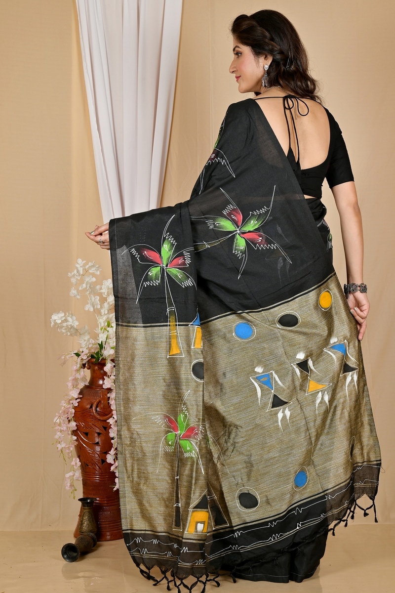 Black Pure Cotton Keshaka Hand Painted Saree (1987)