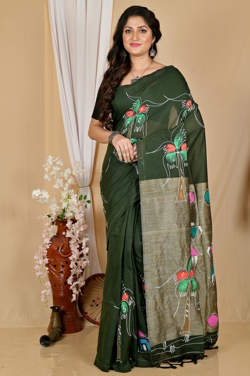 Dark Green Pure Cotton Keshaka Hand Painted Saree (1988)
