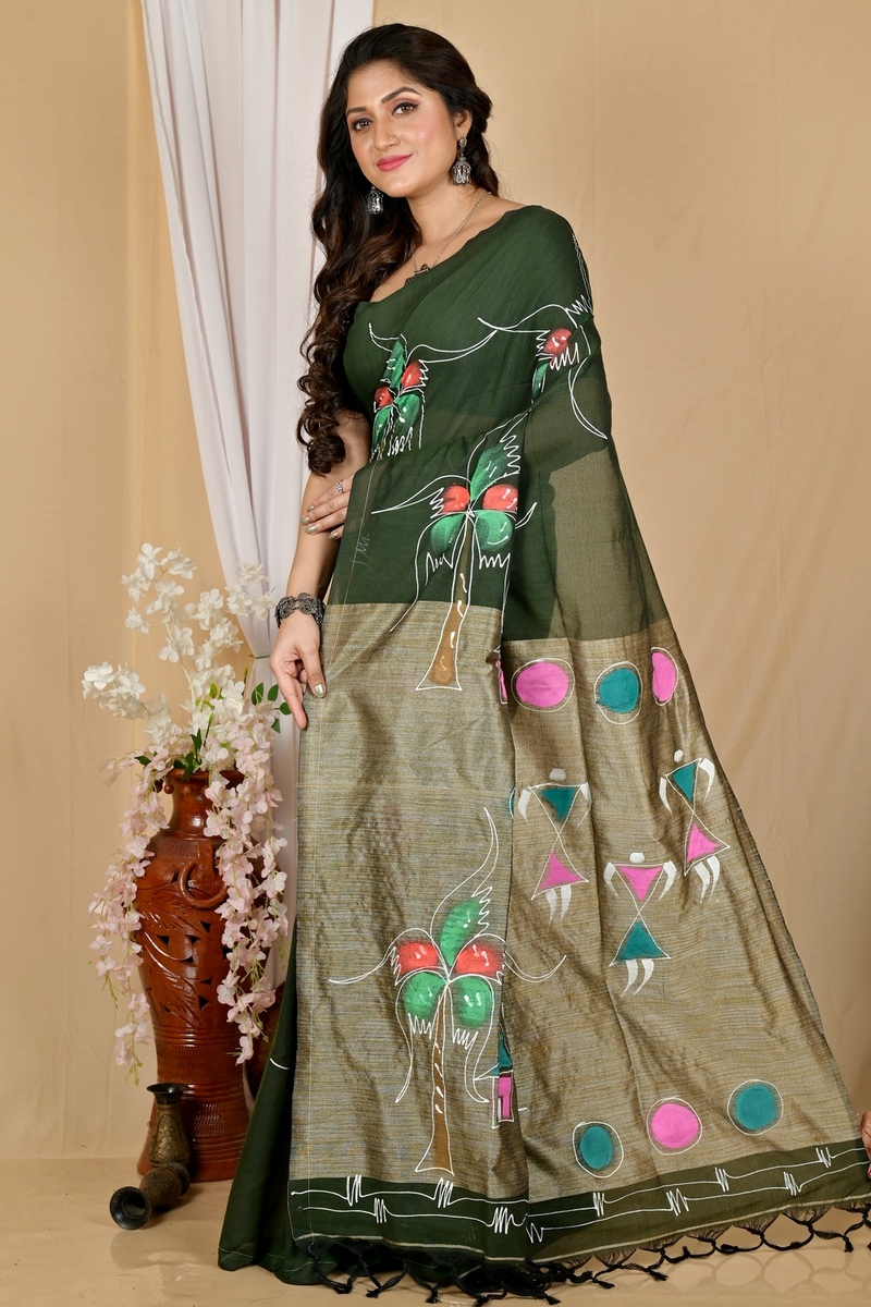 Dark Green Pure Cotton Keshaka Hand Painted Saree (1988)