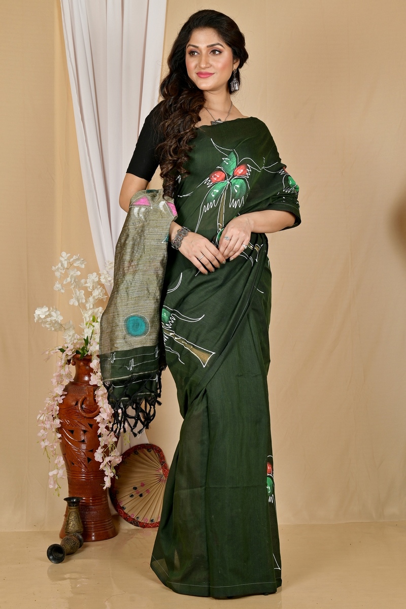 Dark Green Pure Cotton Keshaka Hand Painted Saree (1988)