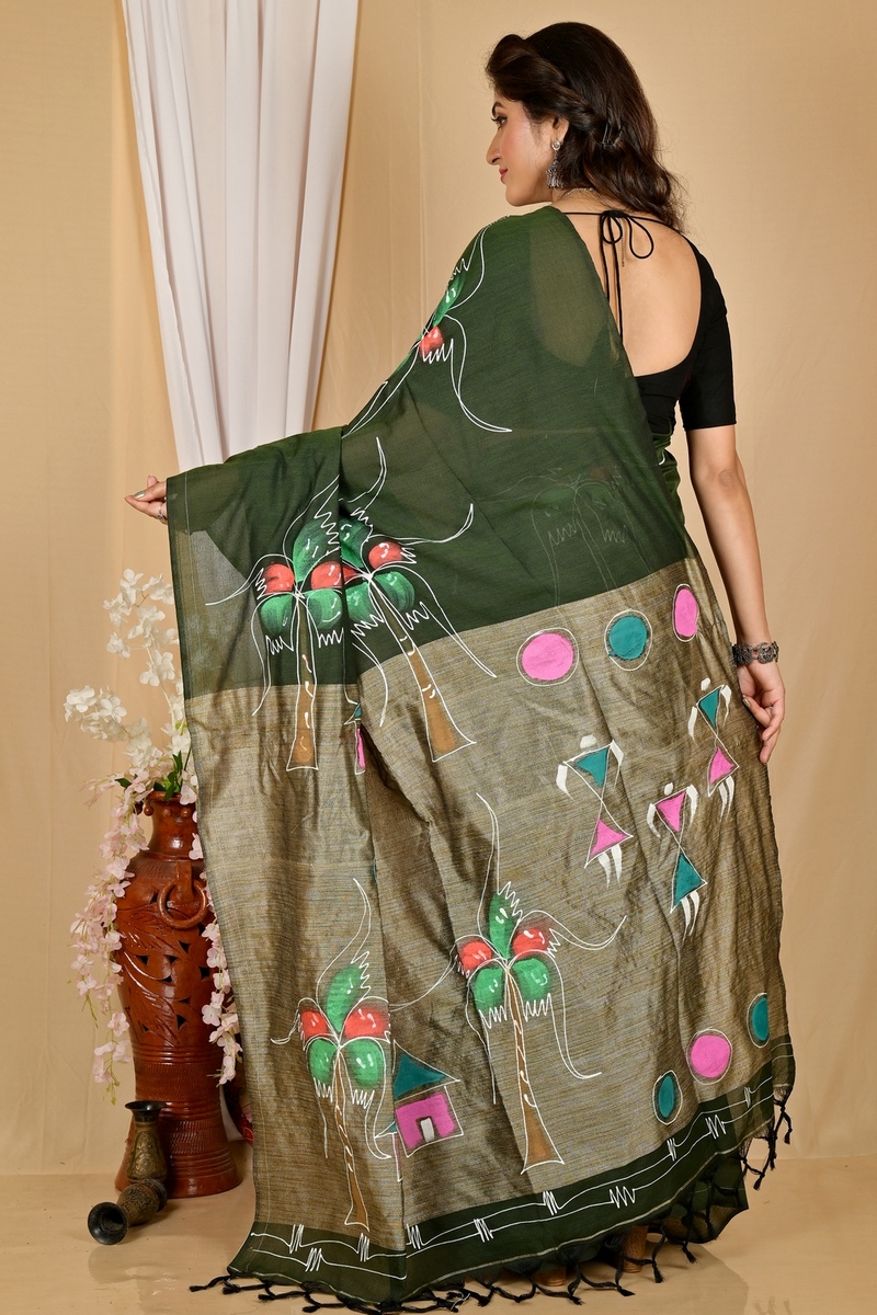 Dark Green Pure Cotton Keshaka Hand Painted Saree (1988)