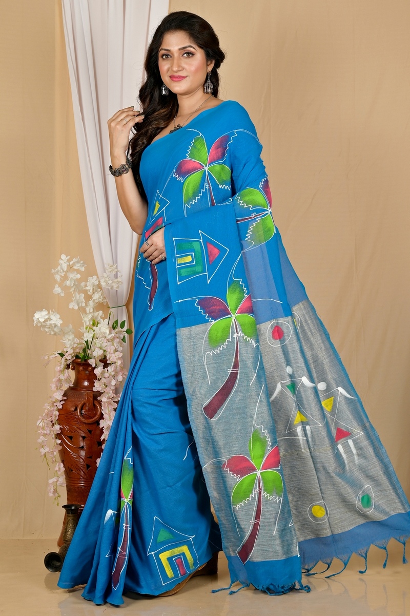 Sky Blue Pure Cotton Keshaka Hand Painted Saree (1989)