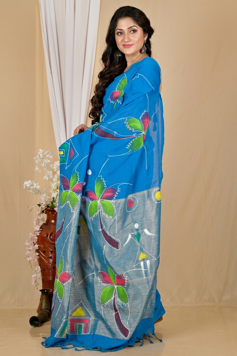 Sky Blue Pure Cotton Keshaka Hand Painted Saree (1989)