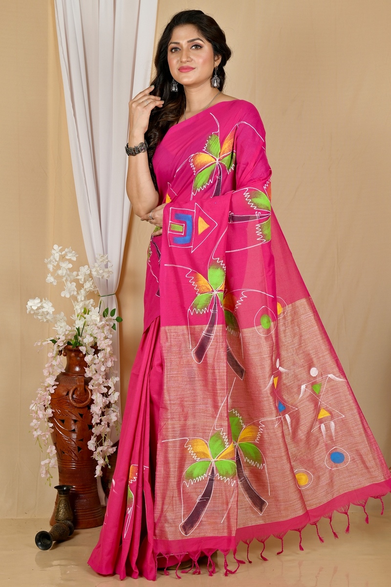 Pink Pure Cotton Keshaka Hand Painted Saree (1990)