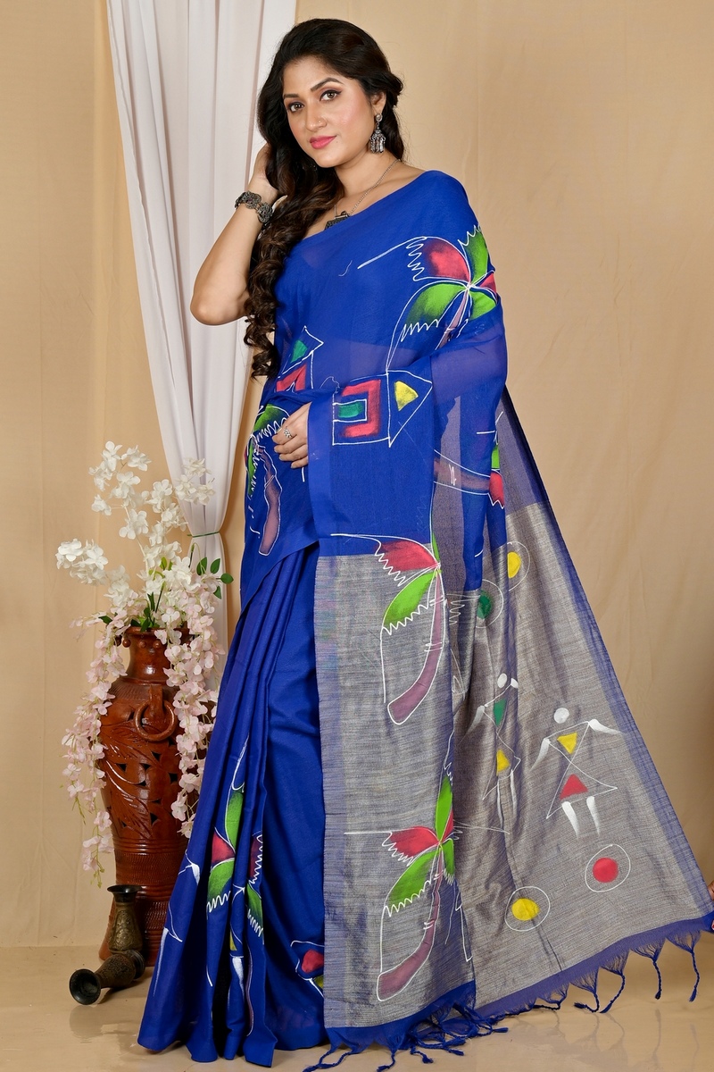 Dark Blue Pure Cotton Keshaka Hand Painted Saree (1991)