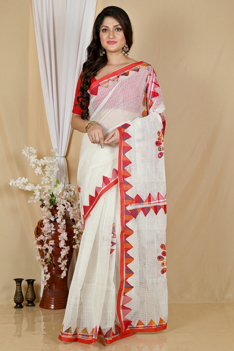 White Red Blended Cotton Aplika Applique Saree (1993)