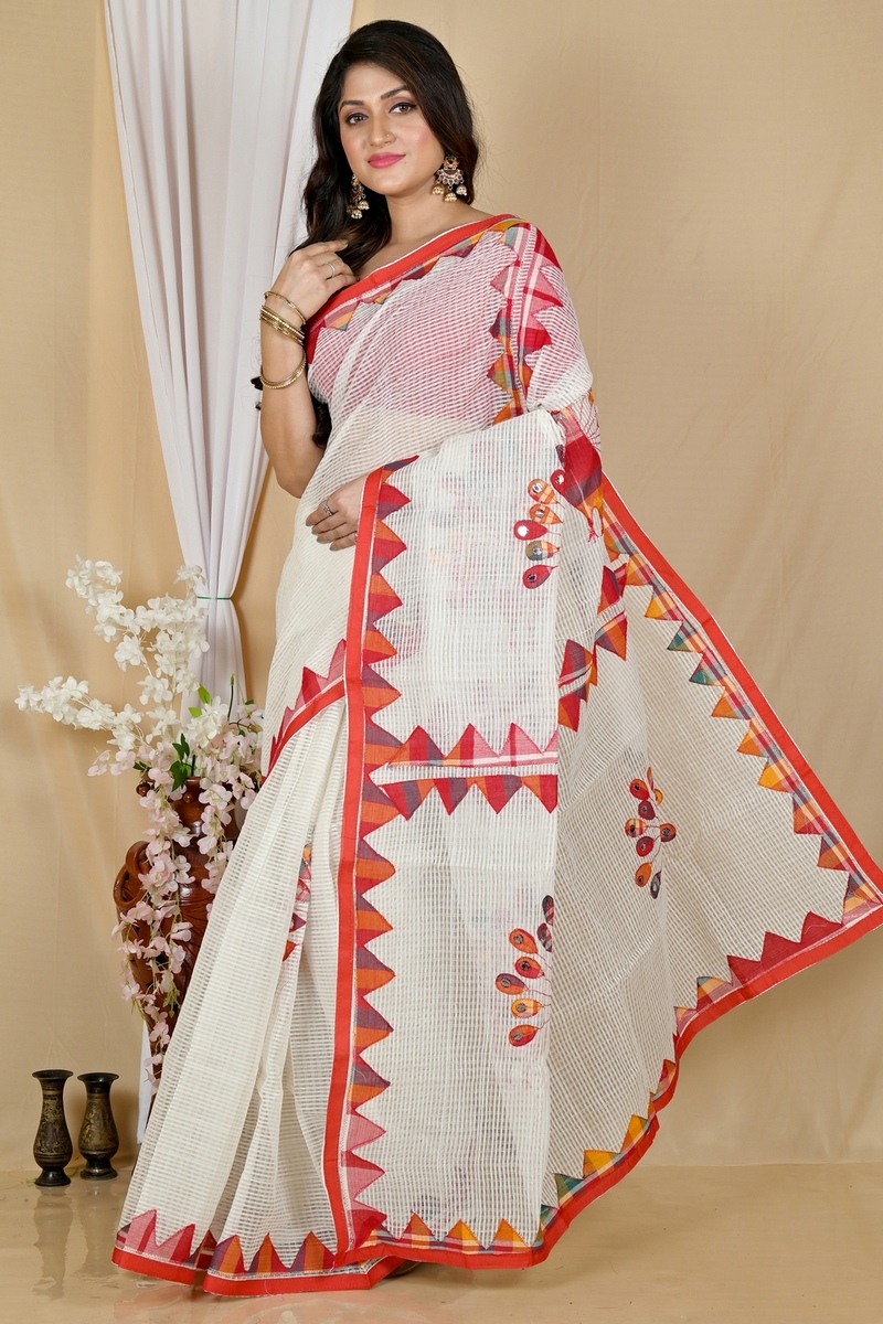 White Red Blended Cotton Aplika Applique Saree (1993)