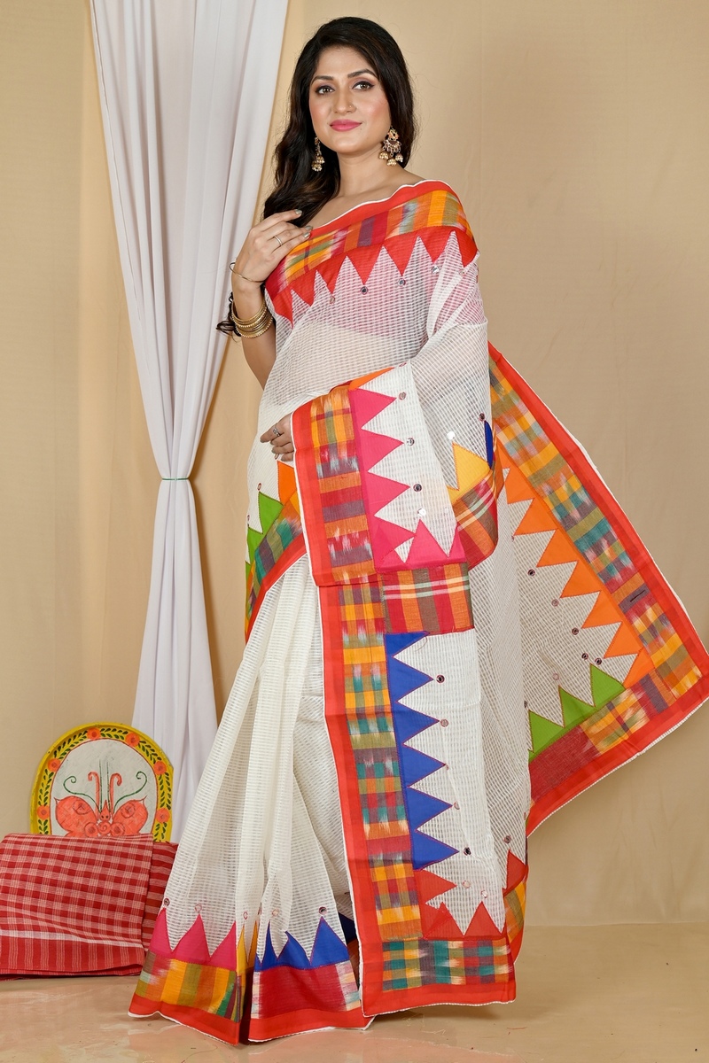 White Blended Cotton Aplika Applique Saree (1995)