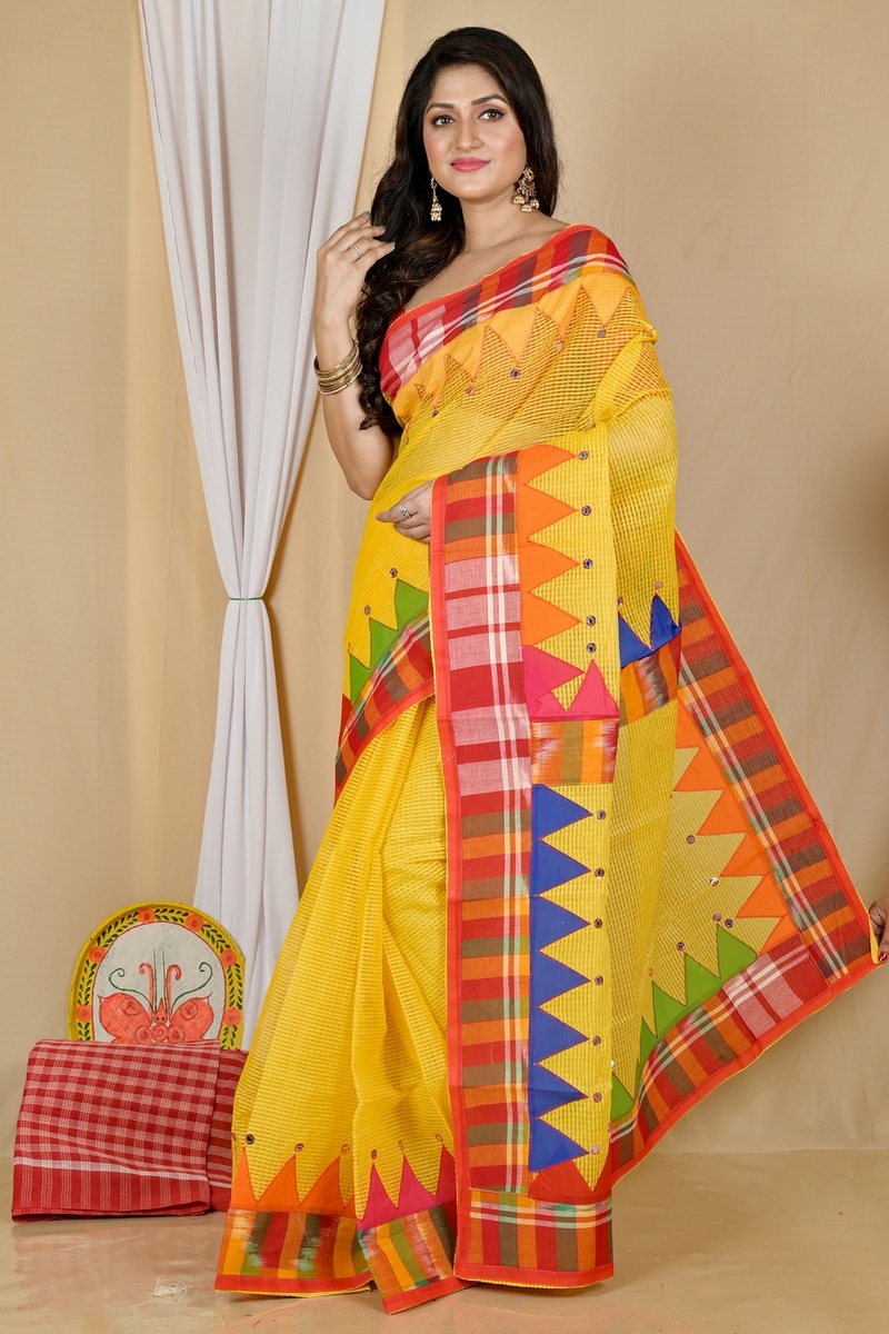 Yellow Blended Cotton Aplika Applique Saree (1996)