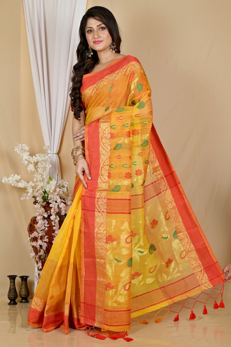 Yellow Red Pure Cotton Madhka Tant Saree (1999)