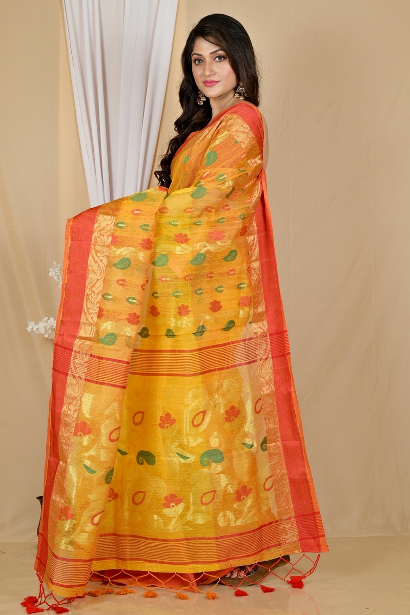 Yellow Red Pure Cotton Madhka Tant Saree (1999)