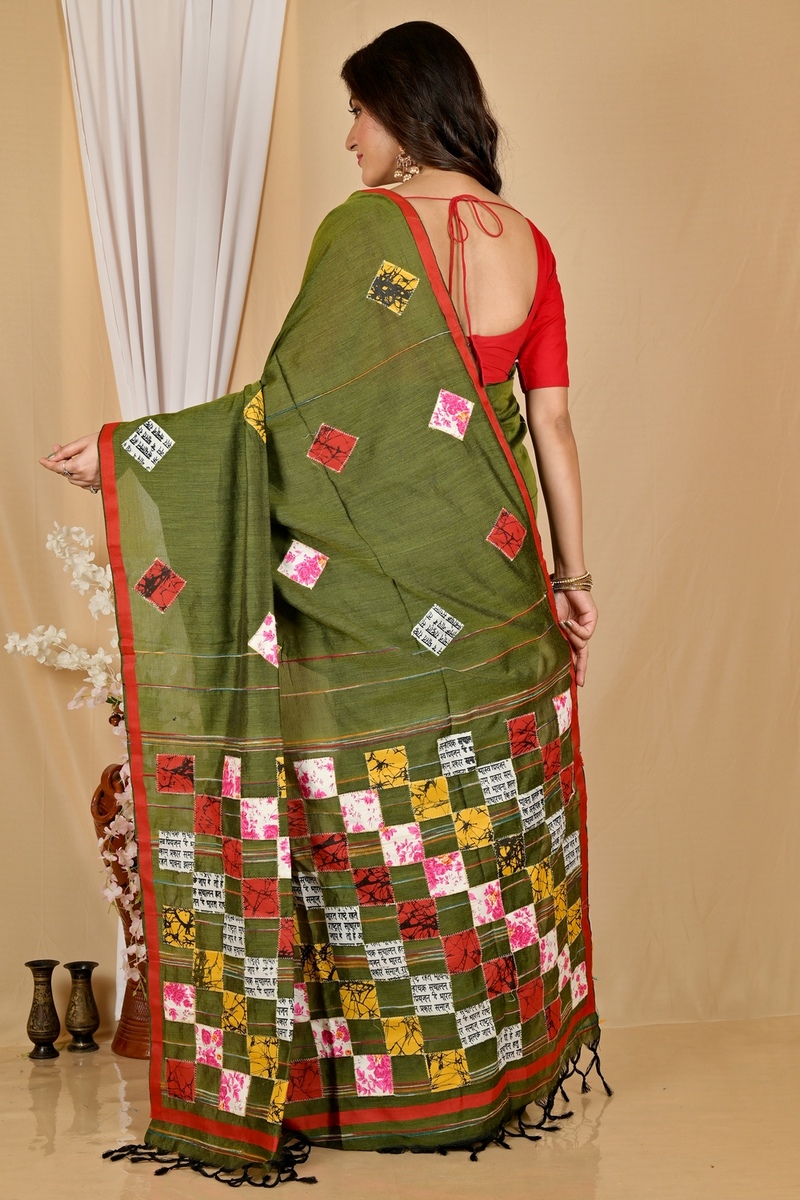 Dark Green Pure Cotton Aplika Tanu Applique Saree (2001)