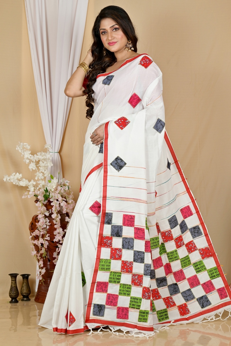 White Pure Cotton Aplika Tanu Applique Saree (2002)