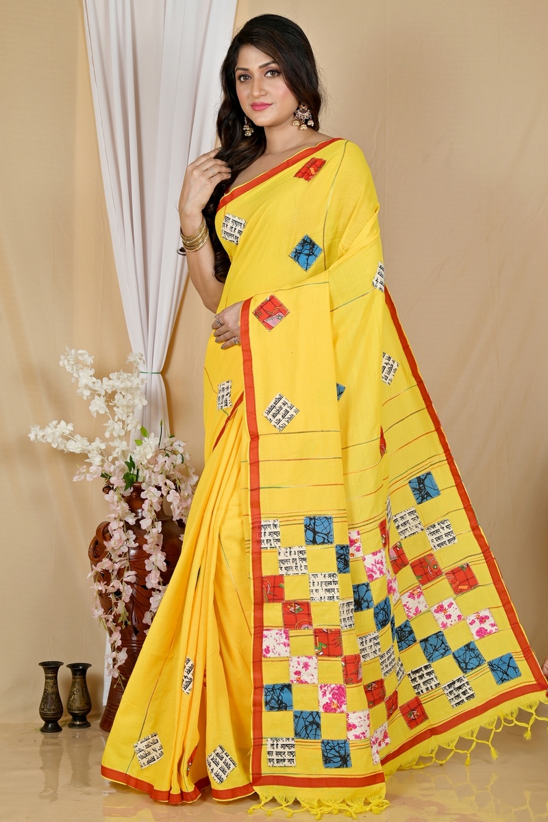 Yellow Pure Cotton Aplika Tanu Applique Saree (2003)