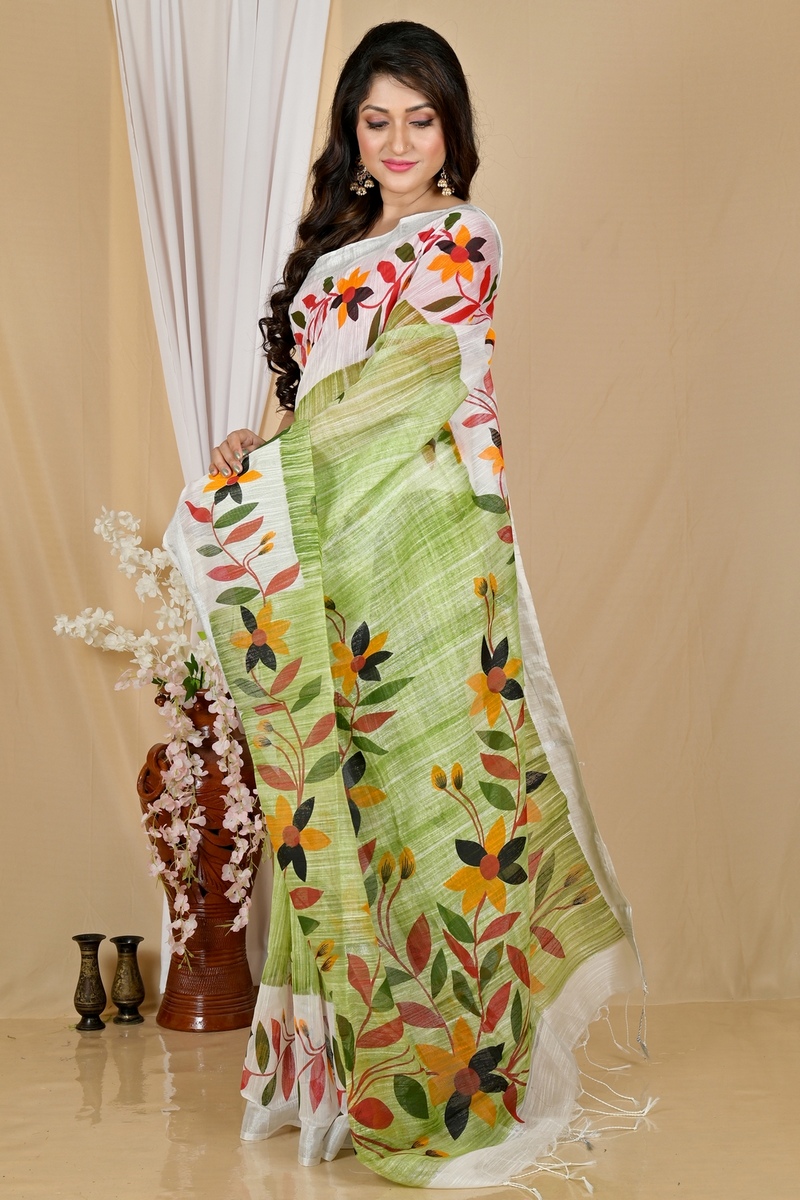 Olive Green Blended Cotton Korel Printed Handloom Saree (2006)