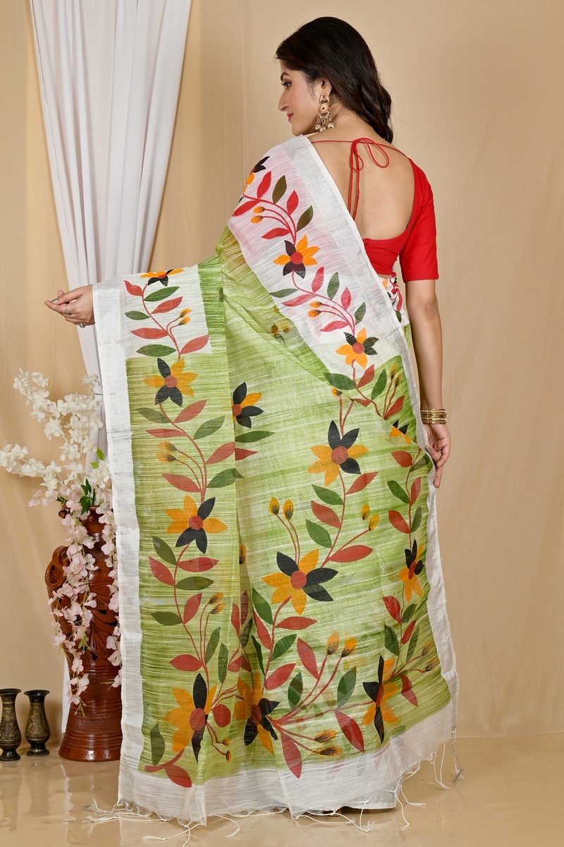 Olive Green Blended Cotton Korel Printed Handloom Saree (2006)