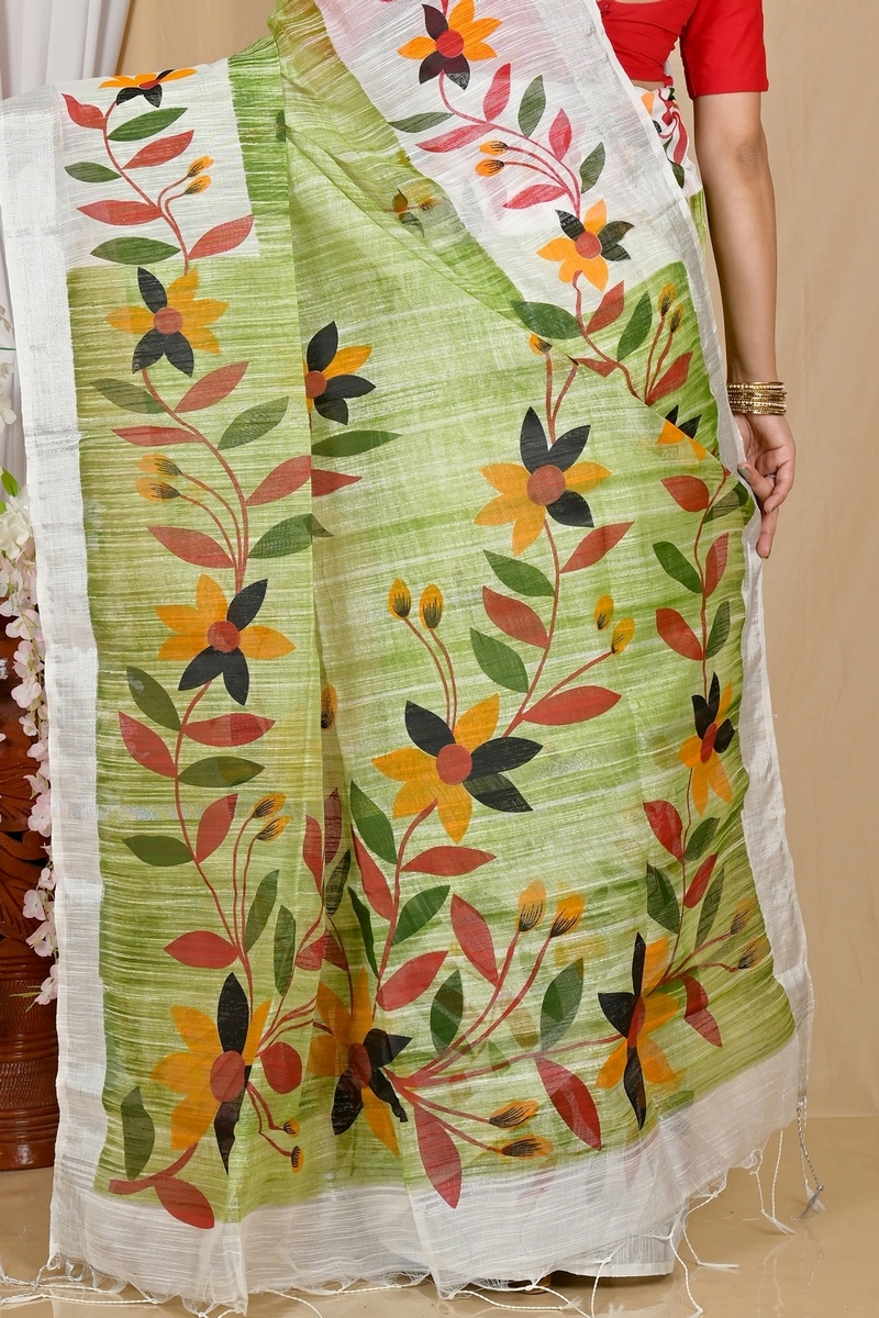 Olive Green Blended Cotton Korel Printed Handloom Saree (2006)