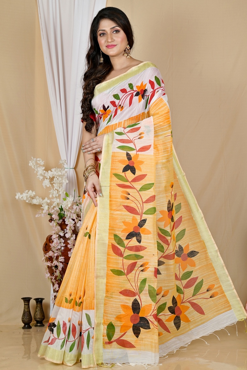 Yellow White Blended Cotton Korel Printed Handloom Saree (2007)