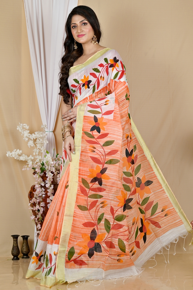 Orange White Blended Cotton Korel Printed Handloom Saree (2008)