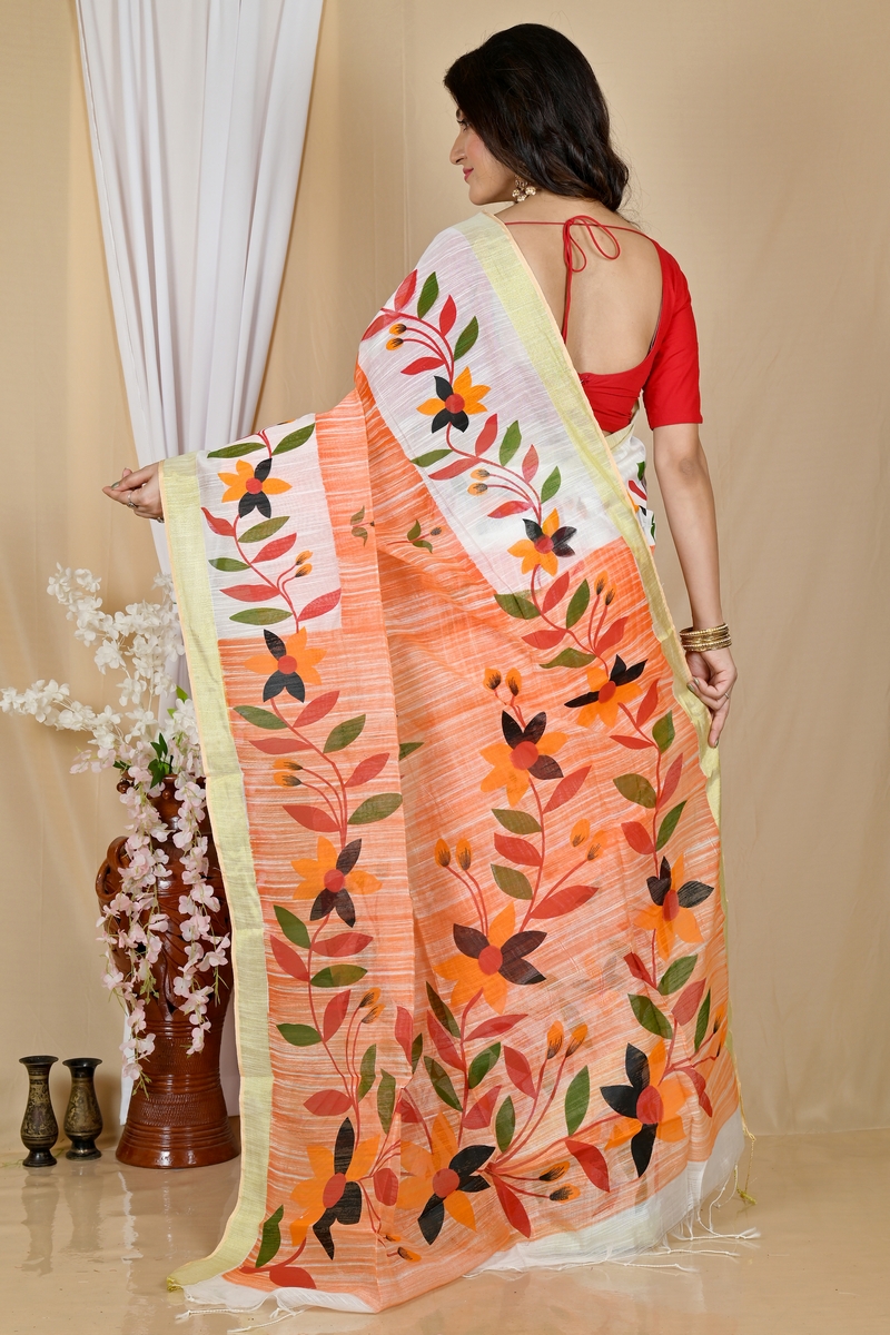 Orange White Blended Cotton Korel Printed Handloom Saree (2008)