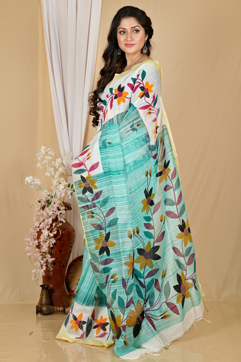See Green Blended Cotton Korel Printed Handloom Saree (2009)