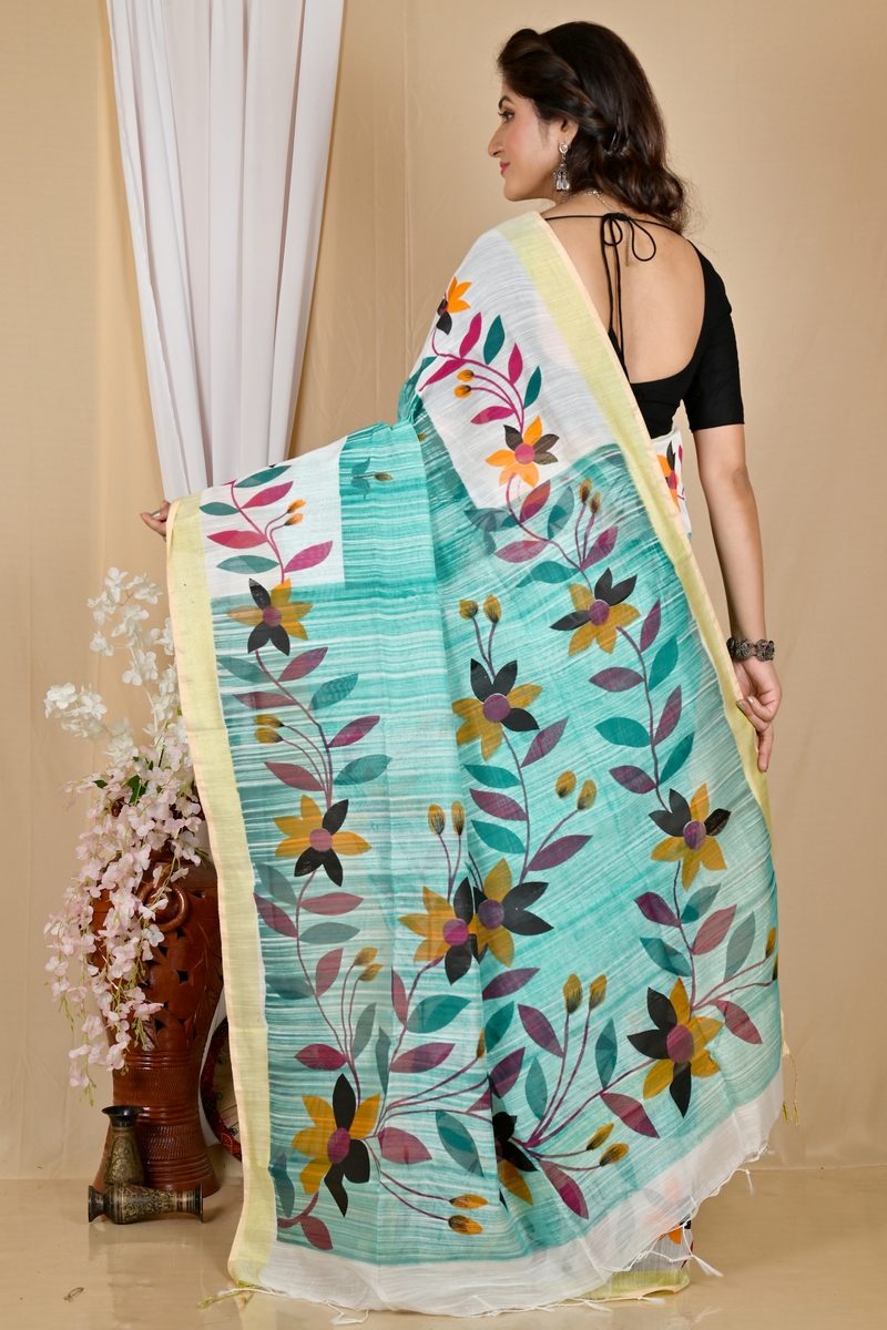 See Green Blended Cotton Korel Printed Handloom Saree (2009)