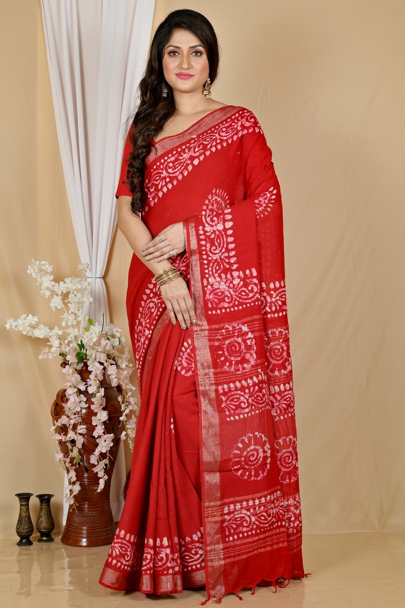 Red Pure Cotton Batika Boll Batik Print Saree (2014)