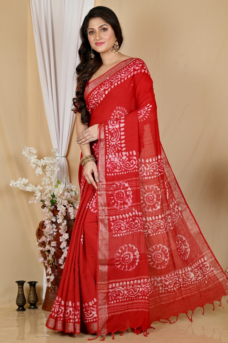 Red Pure Cotton Batika Boll Batik Print Saree (2014)