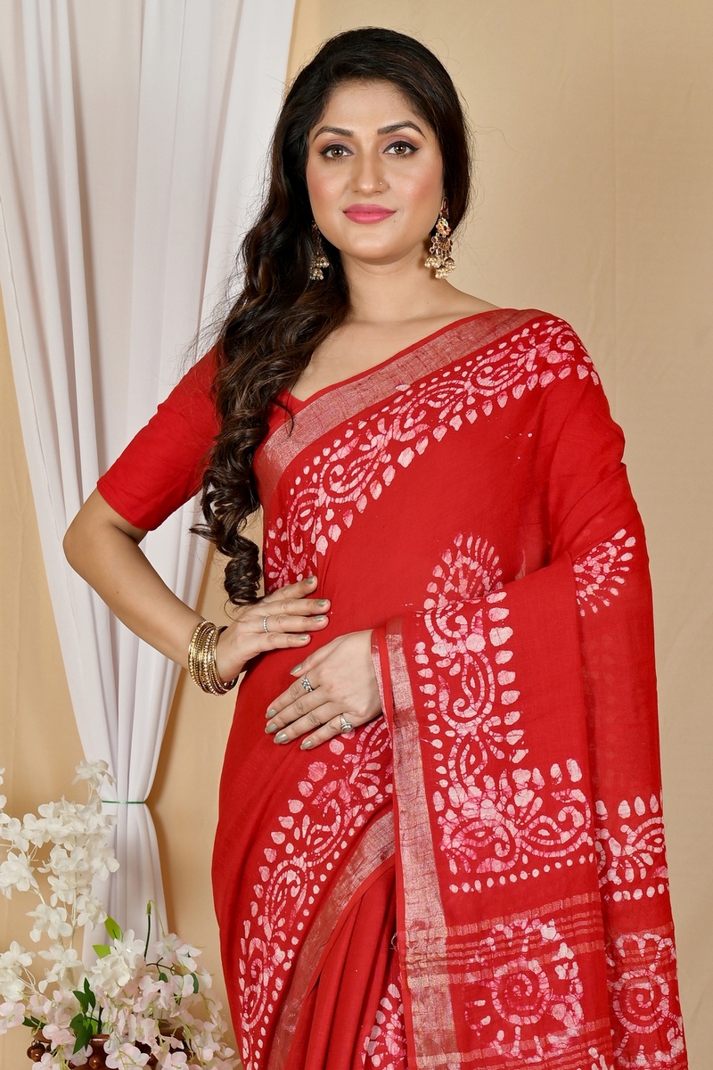 Red Pure Cotton Batika Boll Batik Print Saree (2014)