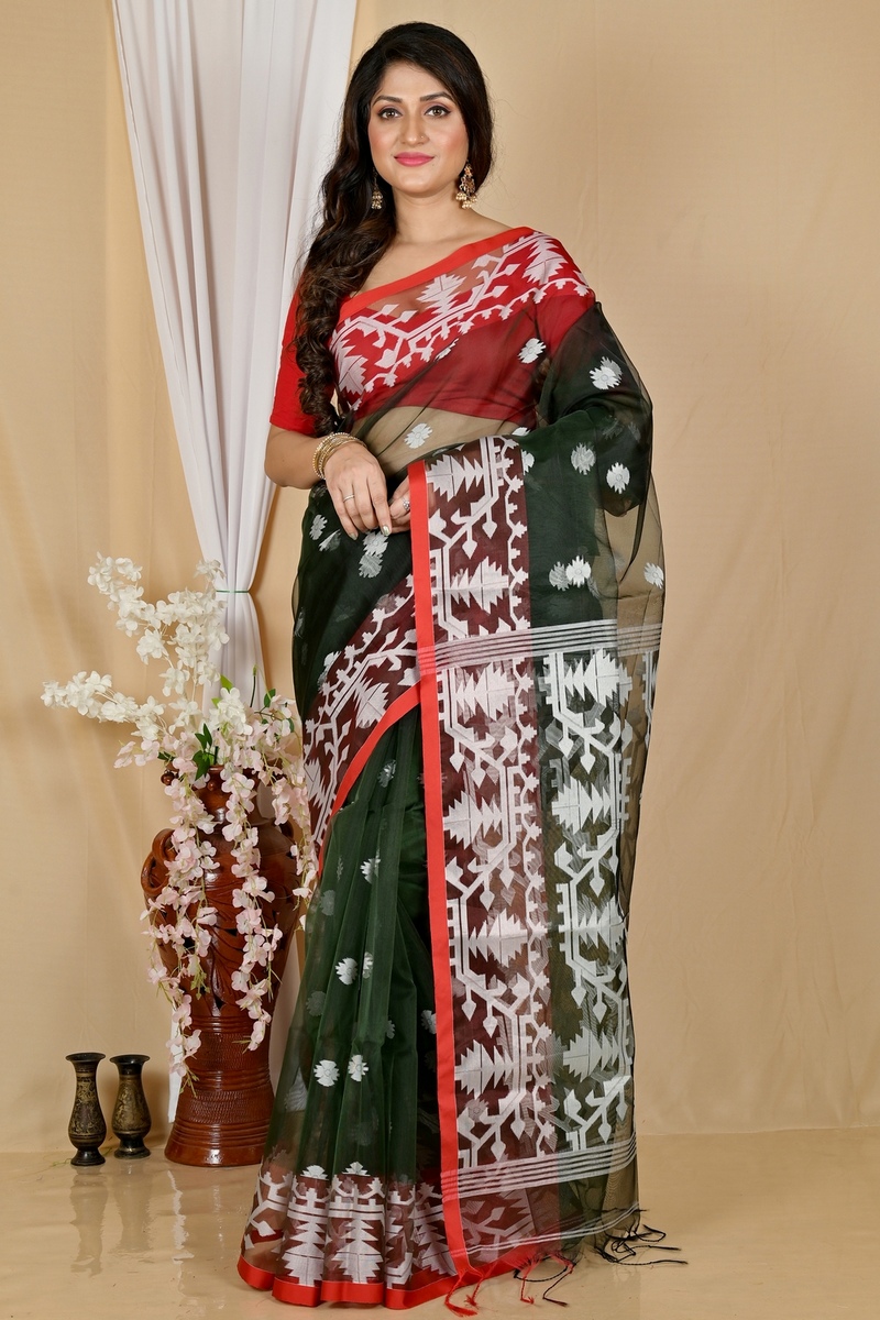 Bottle Green Cotton Monimal Muslin saree (2047)