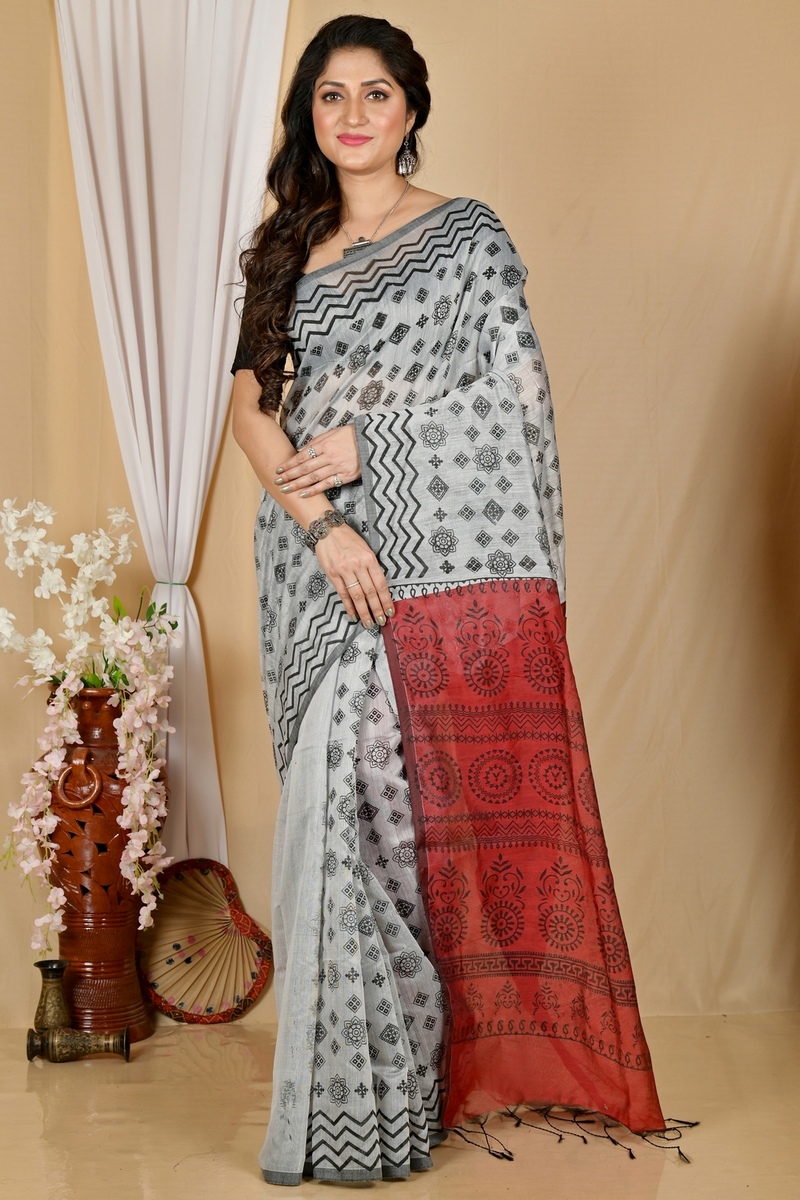 Marun Grey Pure Cotton Senak Printed Handloom Saree (2057)