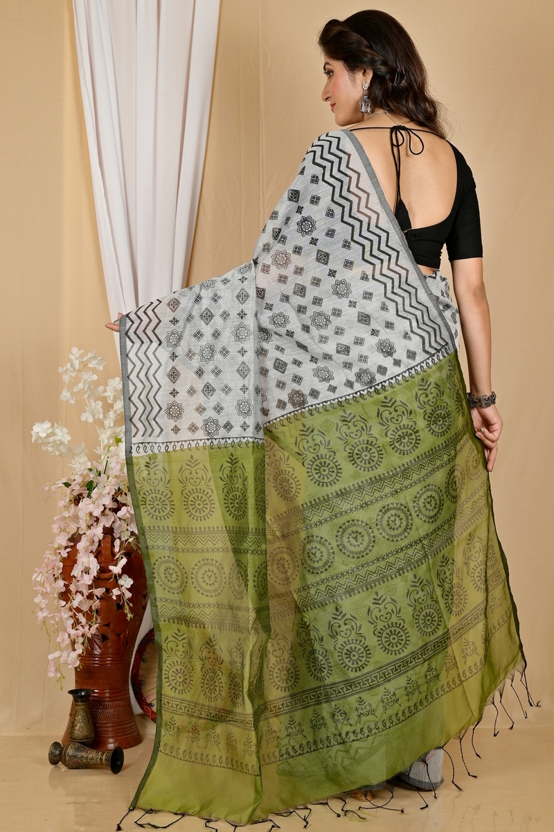 Green Grey Pure Cotton Senak Printed Handloom Saree (2058)