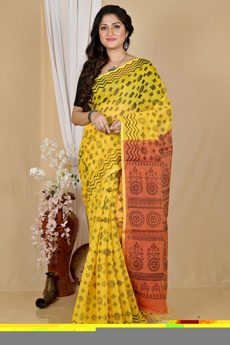 Yellow Brown Pure Cotton Senak Printed Handloom Saree (2059)