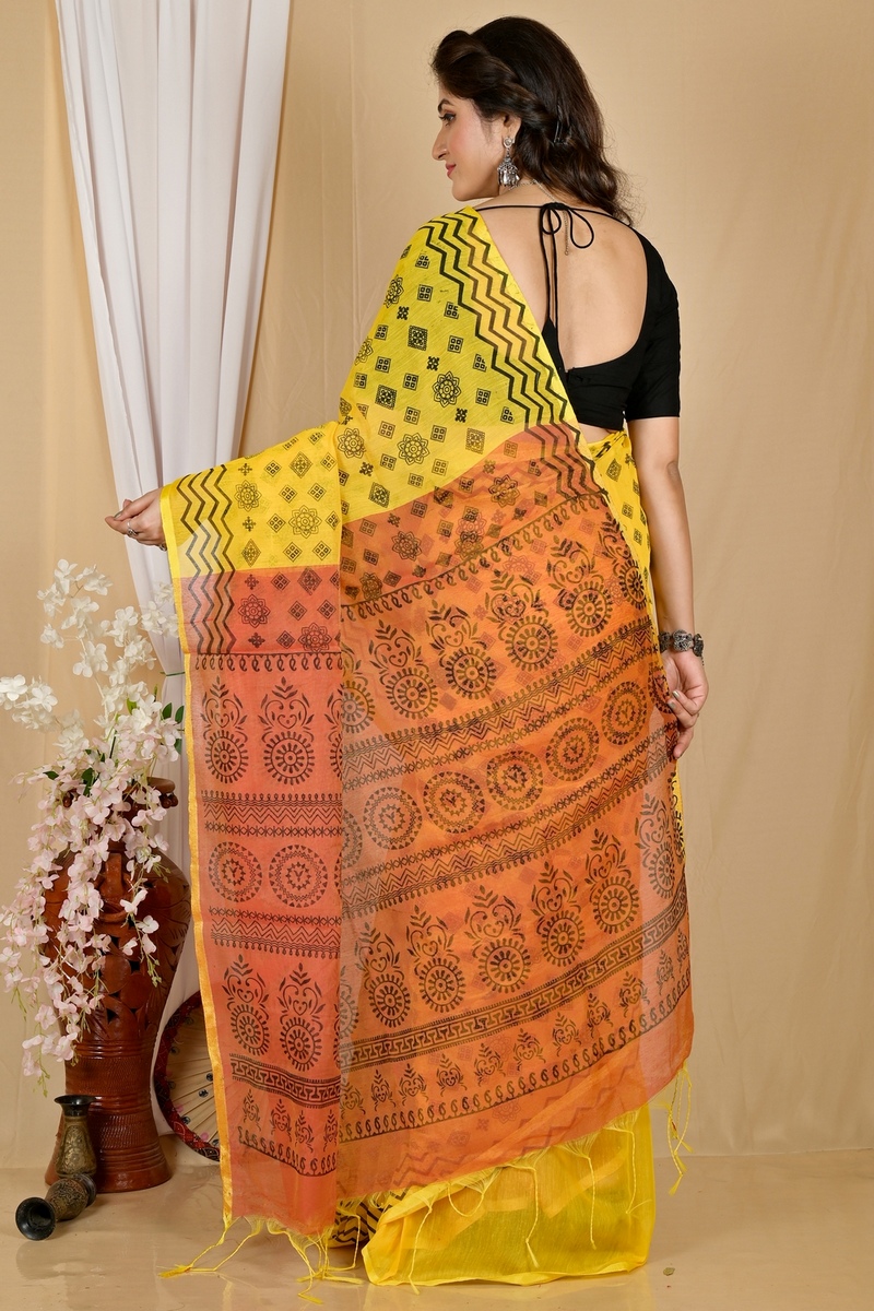 Yellow Brown Pure Cotton Senak Printed Handloom Saree (2059)