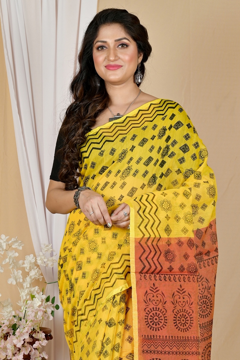 Yellow Brown Pure Cotton Senak Printed Handloom Saree (2059)