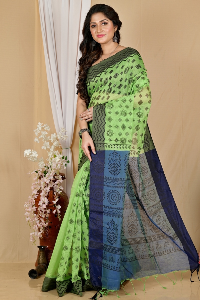 Green Pure Cotton Senak Printed Handloom Saree (2060)