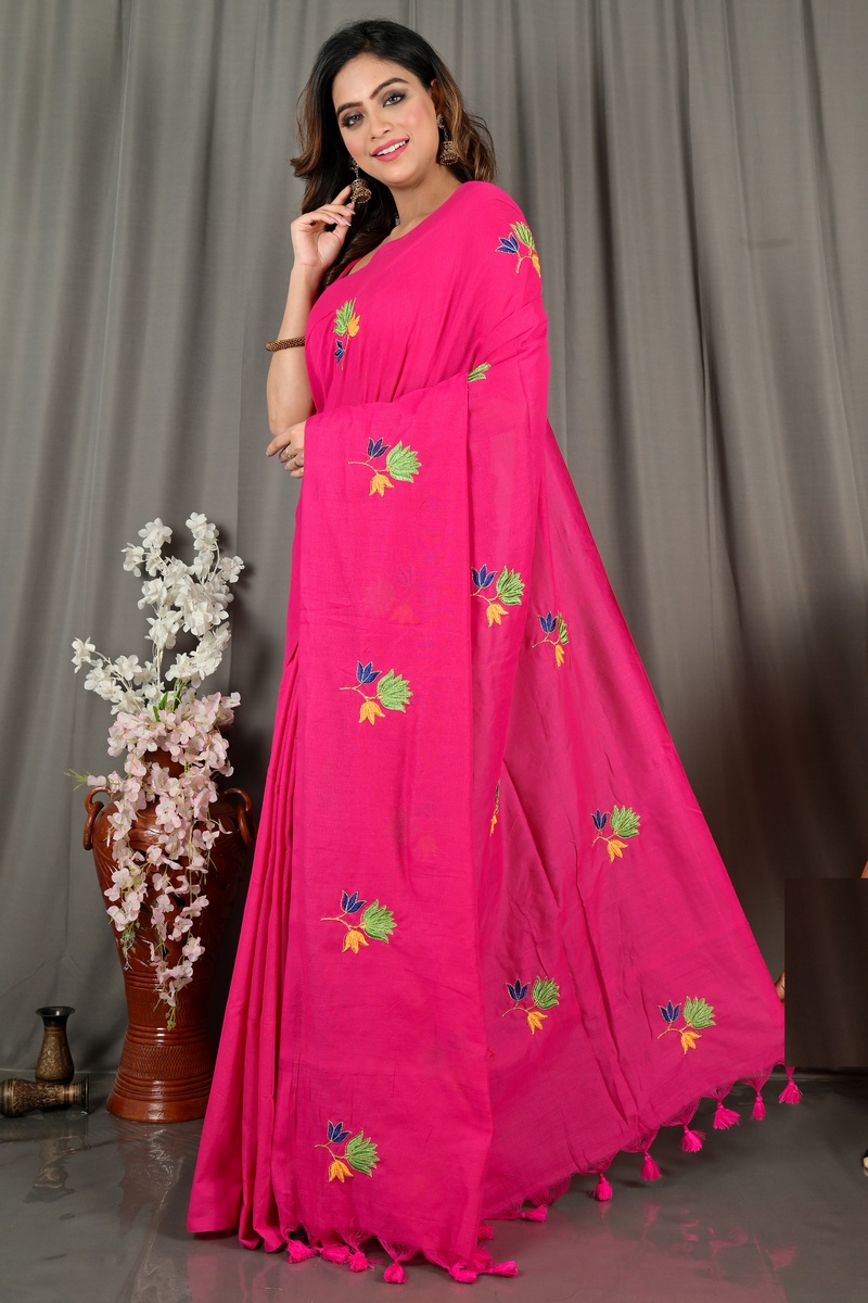 Pink Pure Cotton Umkor Than Embroidery Handloom saree (2090)