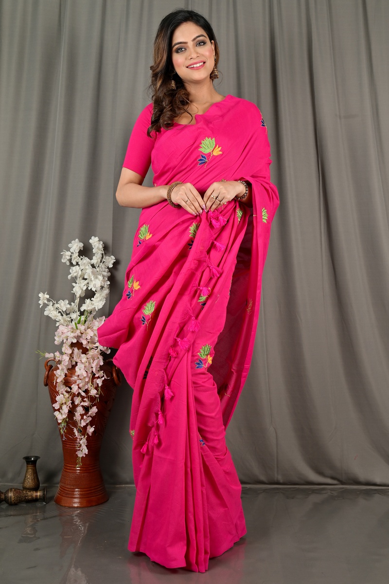 Pink Pure Cotton Umkor Than Embroidery Handloom saree (2090)