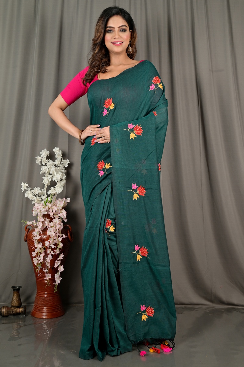 Dark Green Pure Cotton Umkor Than Embroidery Handloom saree (2091)