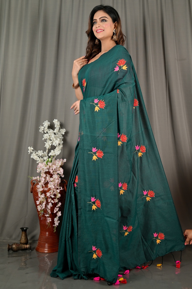 Dark Green Pure Cotton Umkor Than Embroidery Handloom saree (2091)