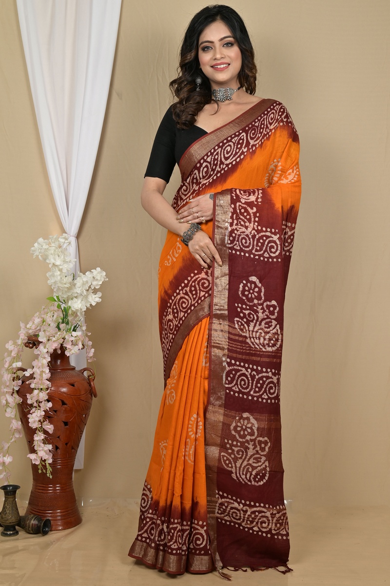 Brown Yellow Pure Cotton Batikato Batik Print Saree (2101)