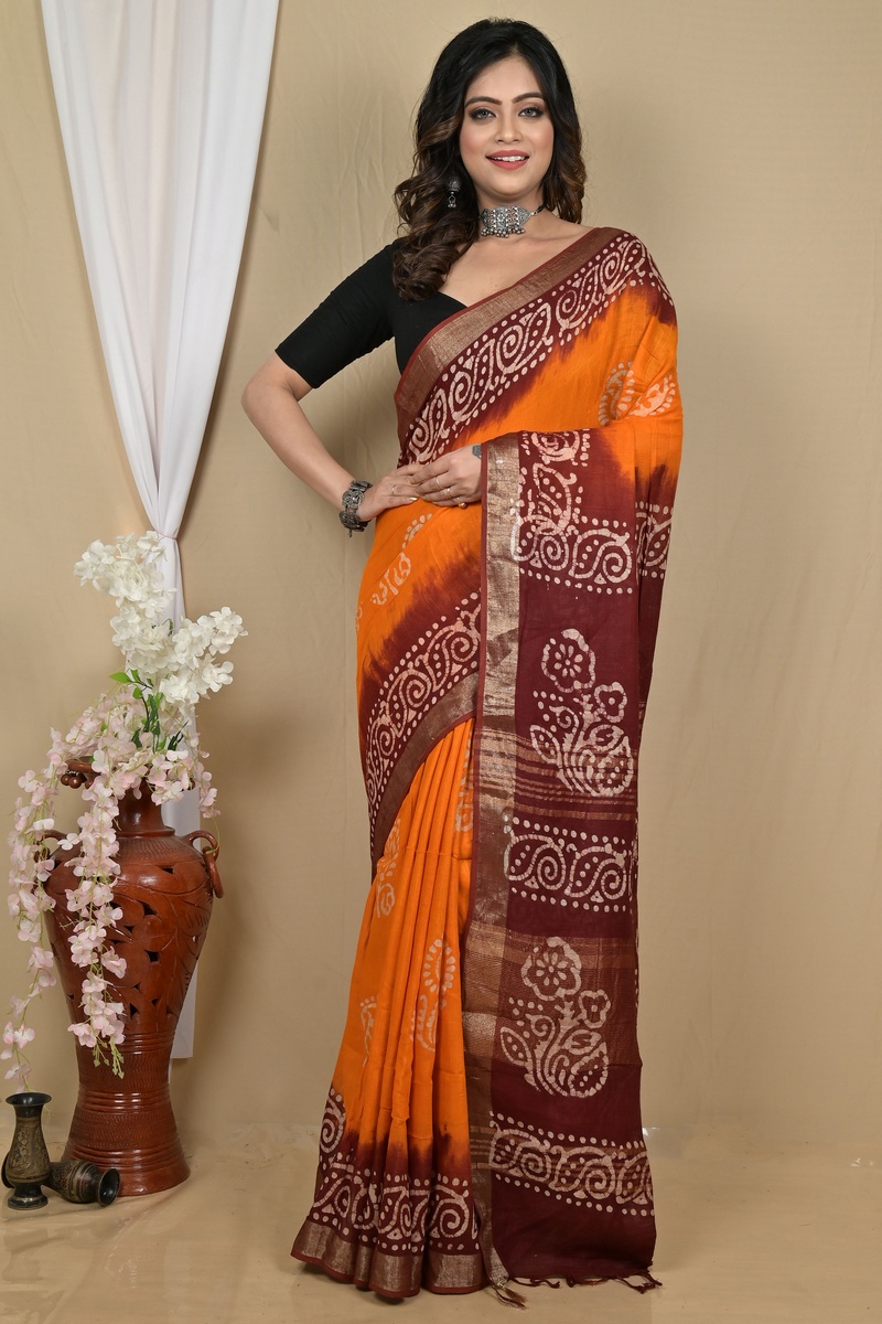 Brown Yellow Pure Cotton Batikato Batik Print Saree (2101)