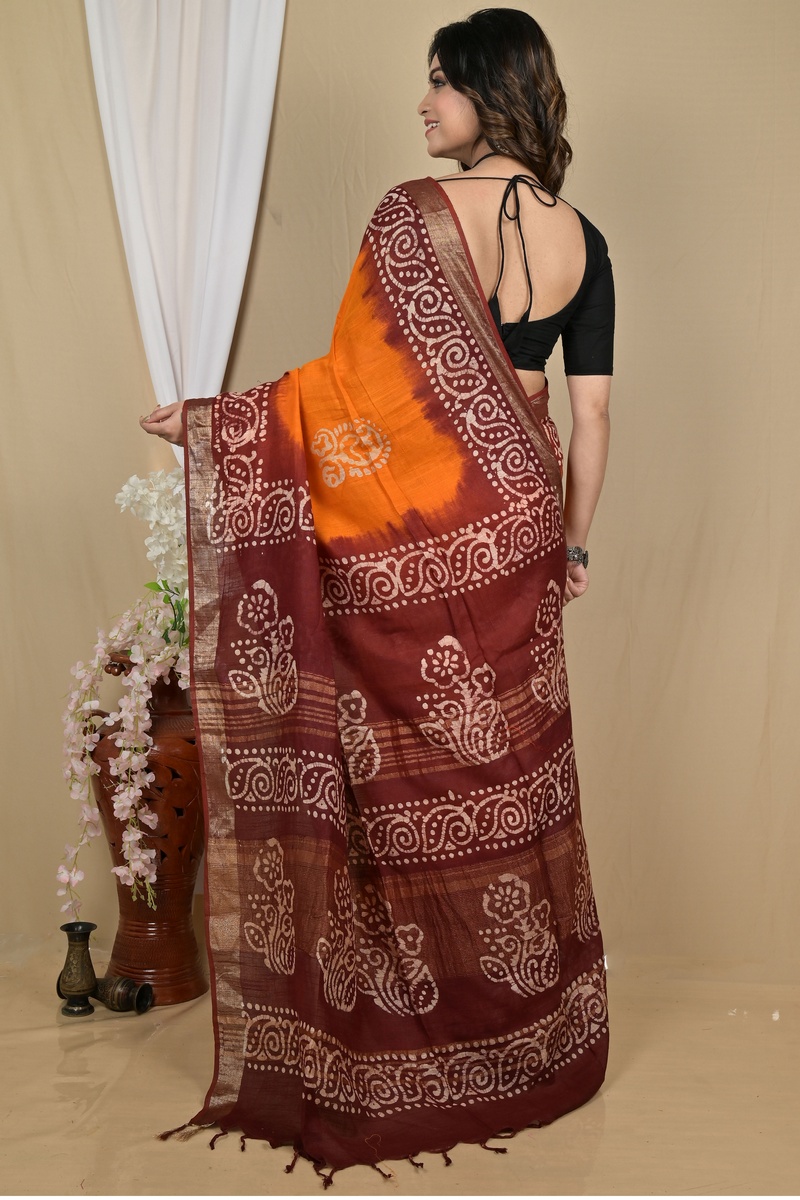 Brown Yellow Pure Cotton Batikato Batik Print Saree (2101)