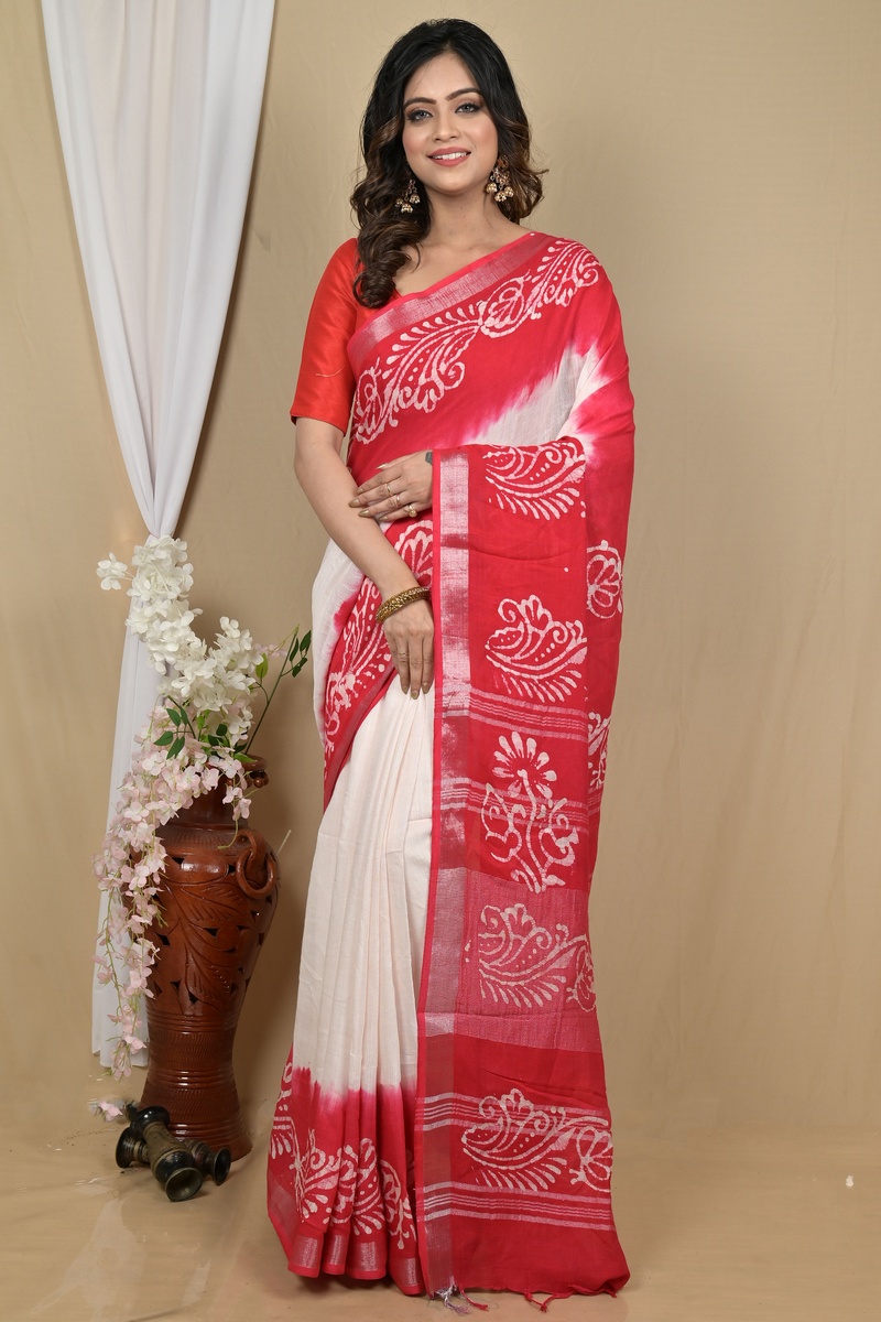 White Pink Pure Cotton Batikato Batik Print Saree (2102)